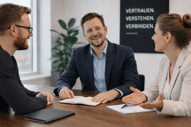 Marcel Henke im Beratungsgespräch mit zwei Kunden